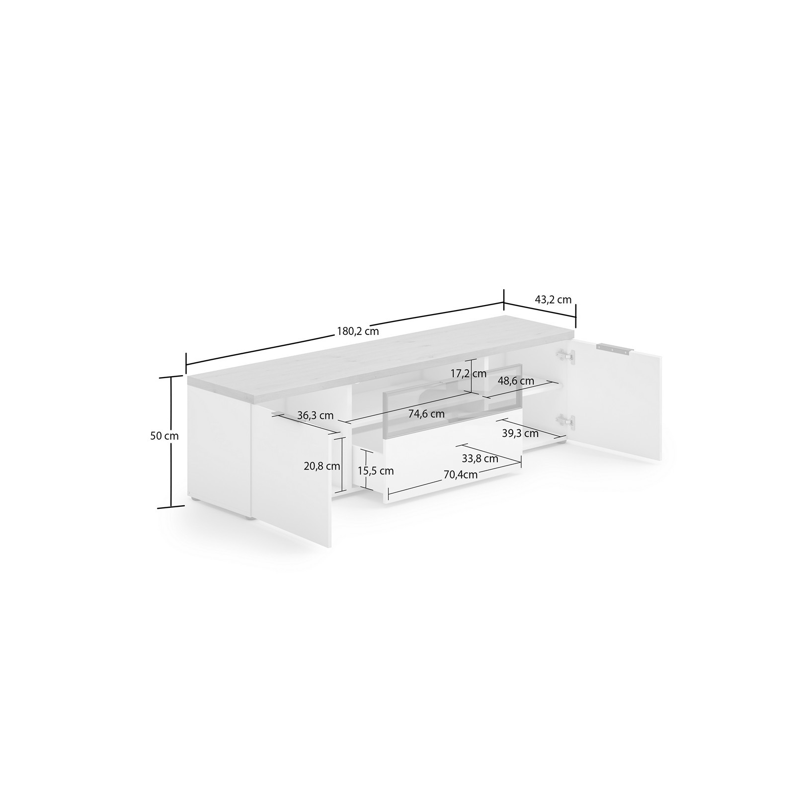 TORONTO WHITE 180 Porta TV 2 ante 1 cassetto  laccata Bianco lucido top finitura Rovere cm H49 L180 P43