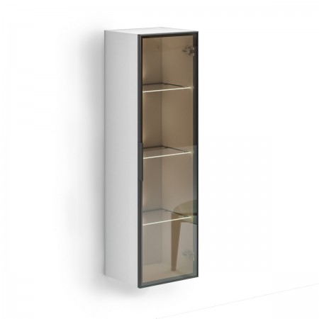 TORONTO WHITE Colonna pensile vetrina 1 anta  bianco lucido vetro temprato fumé cm H120 L35 P28,5