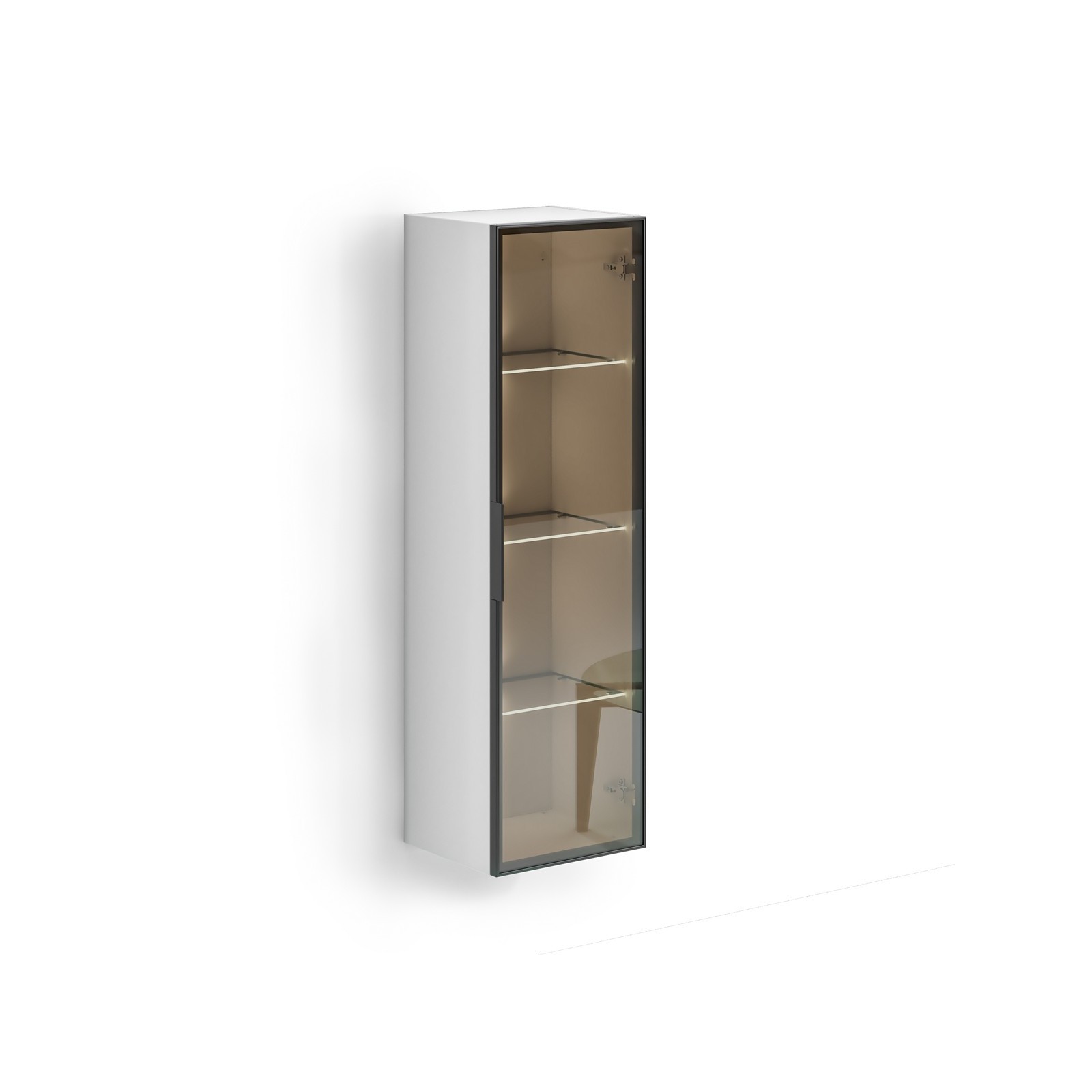 TORONTO WHITE Colonna pensile vetrina 1 anta  bianco lucido vetro temprato fumé cm H120 L35 P28,5