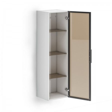 TORONTO WHITE Colonna pensile vetrina 1 anta  bianco lucido vetro temprato fumé cm H120 L35 P28,5