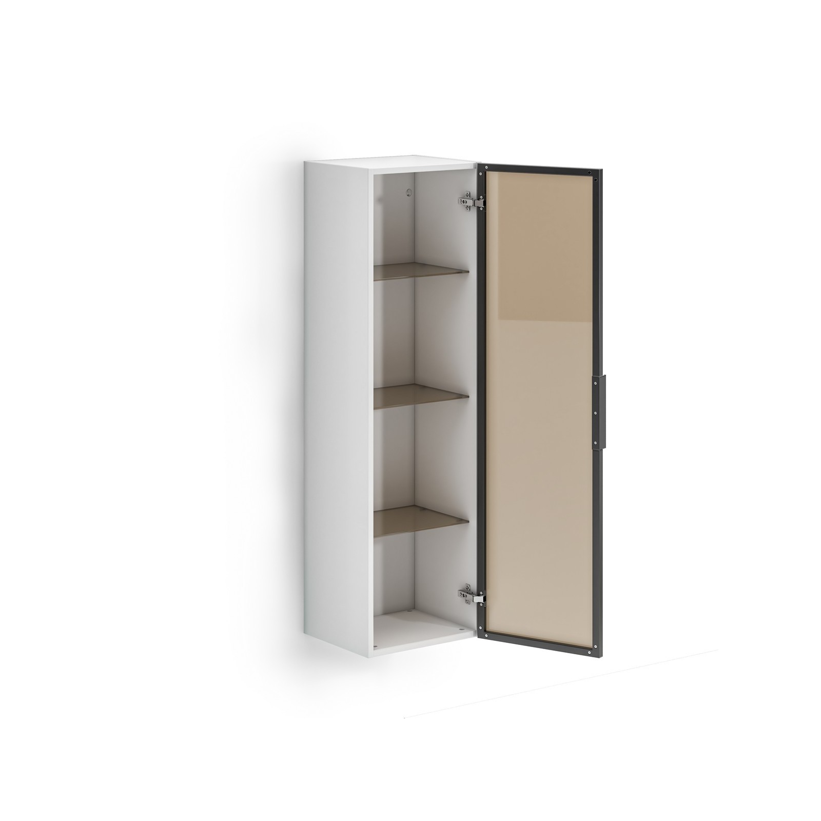 TORONTO WHITE Colonna pensile vetrina 1 anta  bianco lucido vetro temprato fumé cm H120 L35 P28,5
