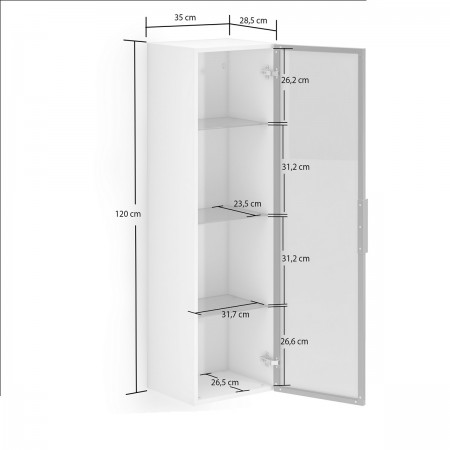 TORONTO WHITE Colonna pensile vetrina 1 anta  bianco lucido vetro temprato fumé cm H120 L35 P28,5