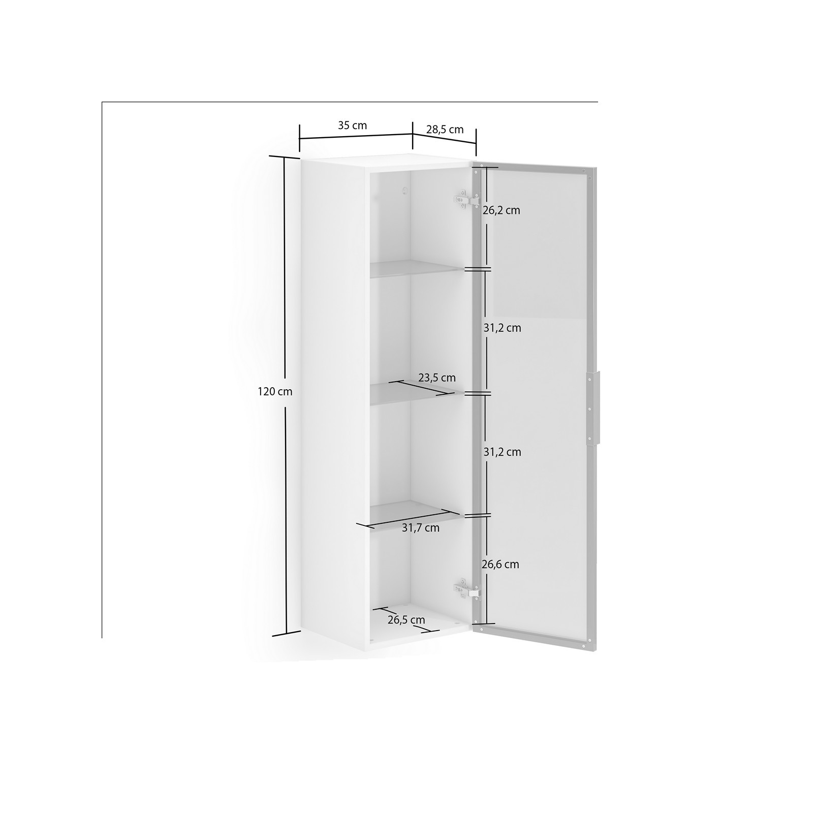 TORONTO WHITE Colonna pensile vetrina 1 anta  bianco lucido vetro temprato fumé cm H120 L35 P28,5