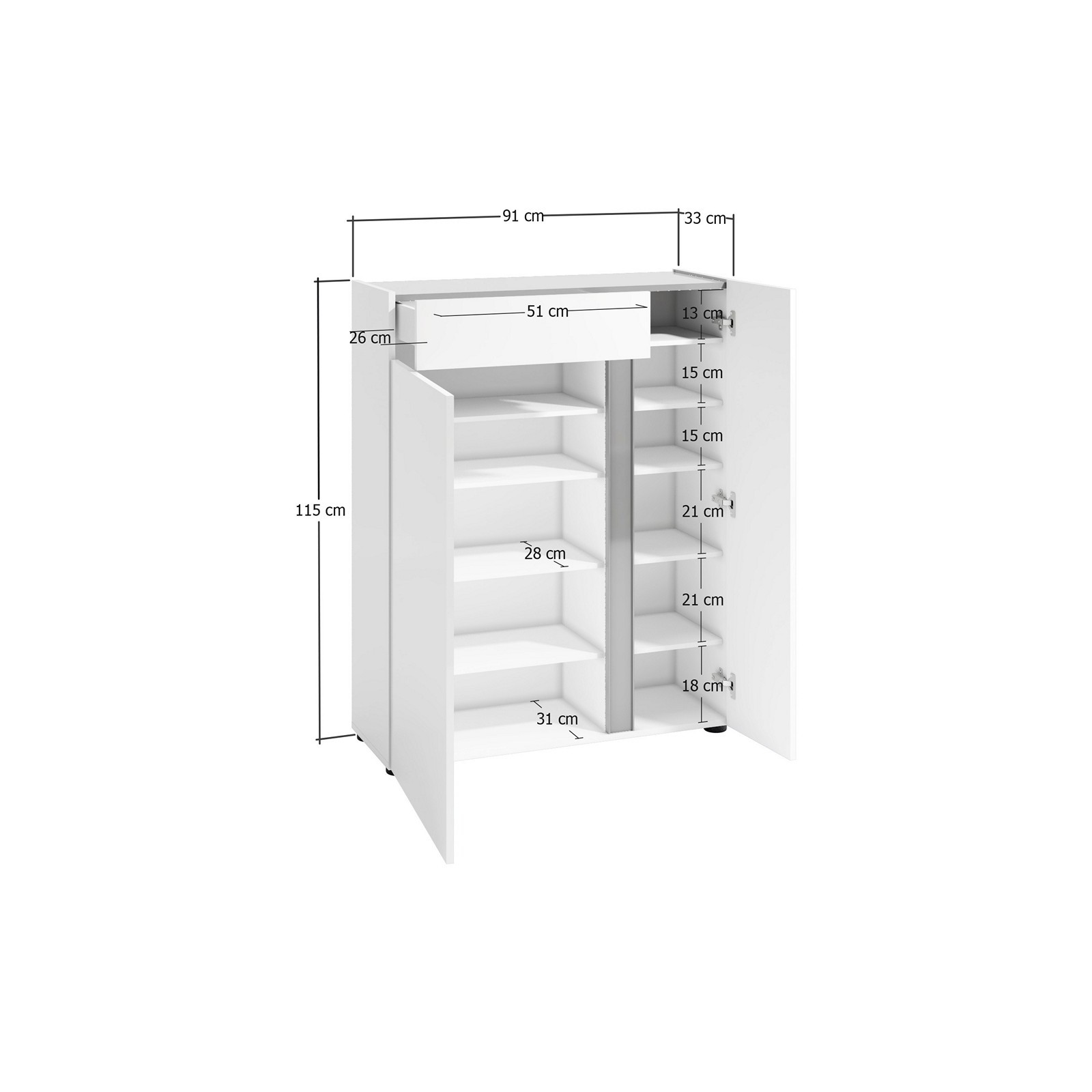 OTTAWA WHITE Scarpiera 2 ante 1 cassetto  laccata colore Bianco lucido top colore Antracite cm H115 L91 P33