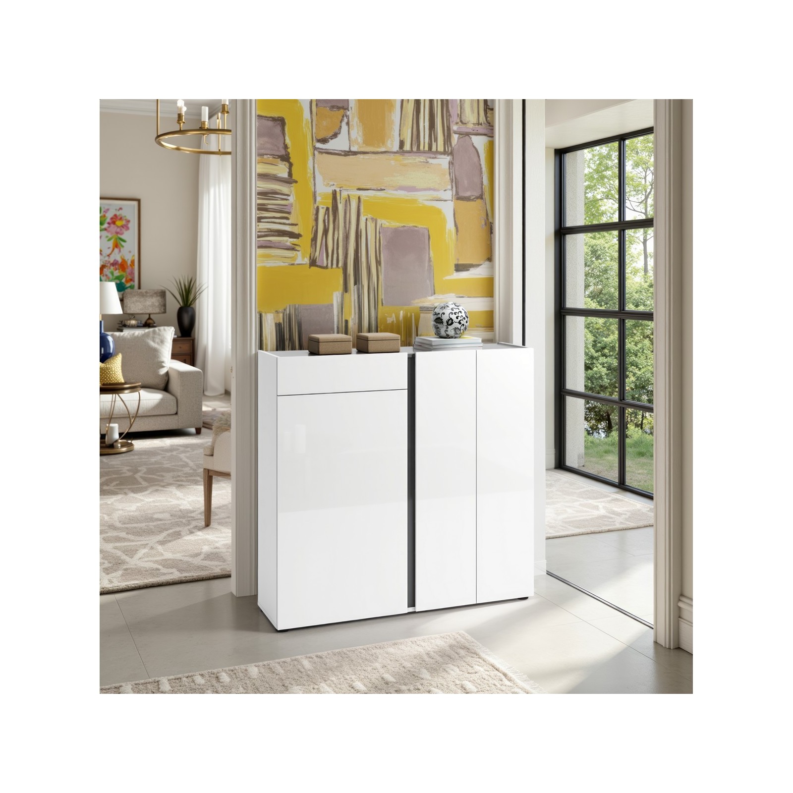 OTTAWA WHITE Scarpiera 3 ante 1 cassetto  laccata colore Bianco lucido top colore Antracite cm H115 L120 P33