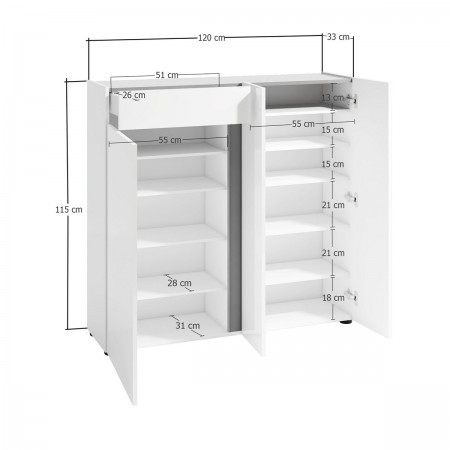 OTTAWA WHITE Scarpiera 3 ante 1 cassetto  laccata colore Bianco lucido top colore Antracite cm H115 L120 P33