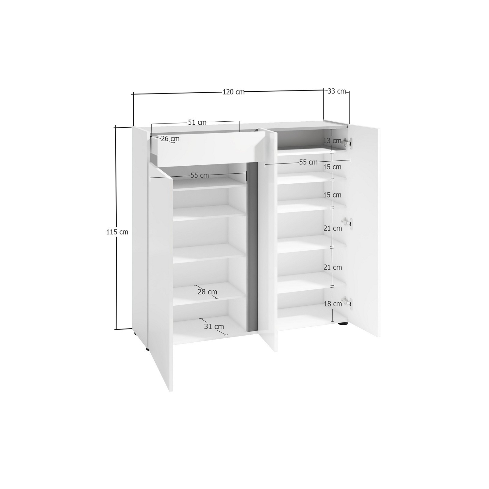 OTTAWA WHITE Scarpiera 3 ante 1 cassetto  laccata colore Bianco lucido top colore Antracite cm H115 L120 P33