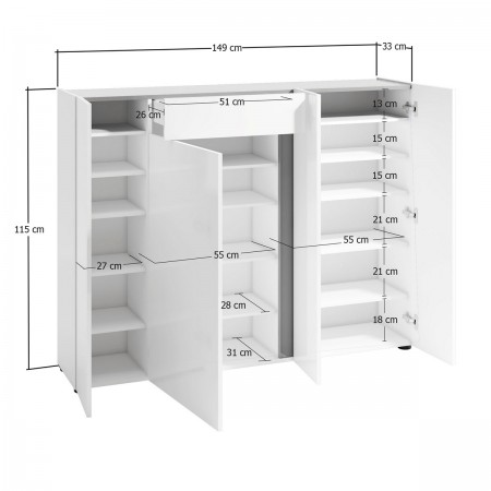 OTTAWA WHITE Scarpiera 4 ante 1 cassetto laccata colore Bianco lucido top colore Antracite cm H115 L149 P33
