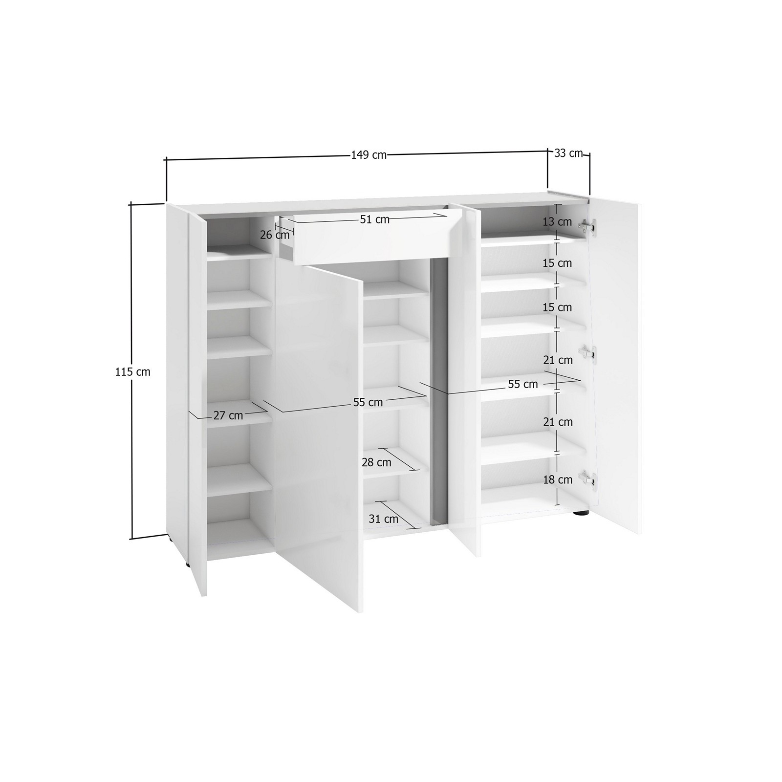 OTTAWA WHITE Scarpiera 4 ante 1 cassetto laccata colore Bianco lucido top colore Antracite cm H115 L149 P33