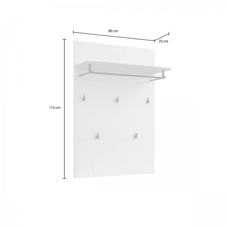 OTTAWA WHITE Pannello appendiabiti da parete laccato di colore Bianco lucido 5 ganci 1 barra appendiabiti cm H115 L80 P25