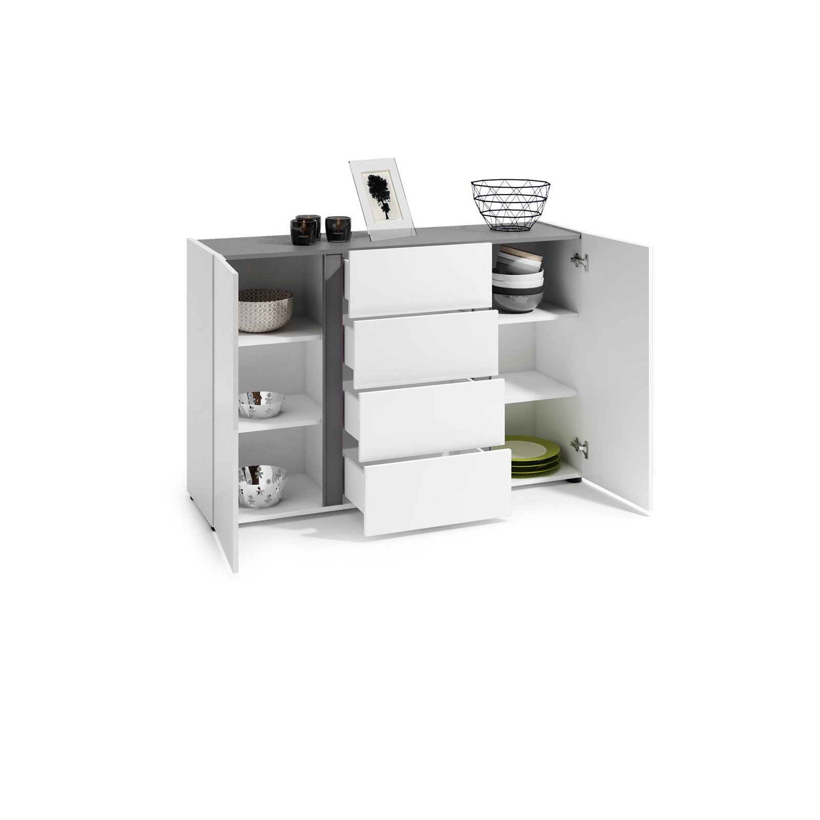 OTTAWA WHITE Madia 2 ante 4 cassetti   laccato colore Bianco lucido cm H92 L140 P38