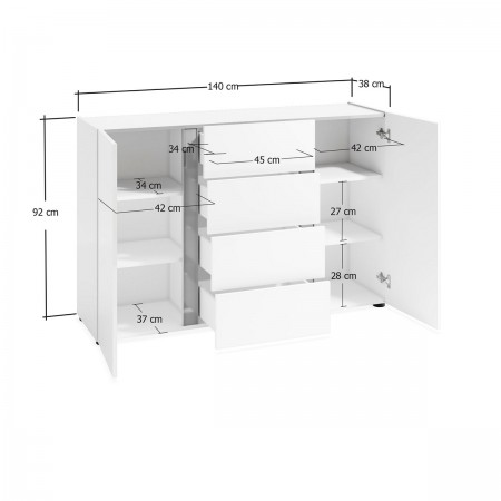 OTTAWA WHITE Madia 2 ante 4 cassetti   laccato colore Bianco lucido cm H92 L140 P38