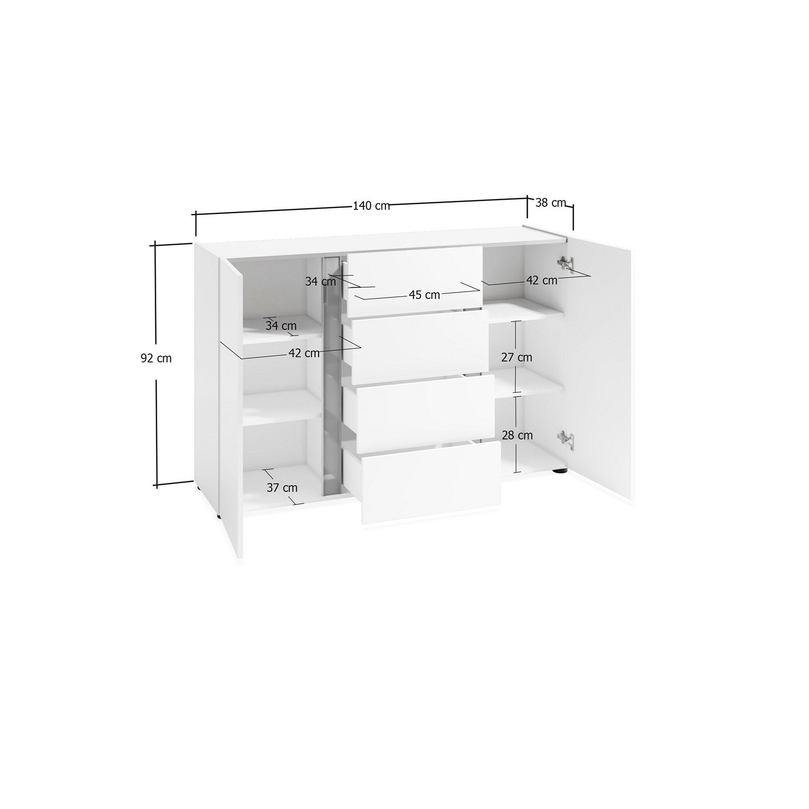 OTTAWA WHITE Madia 2 ante 4 cassetti   laccato colore Bianco lucido cm H92 L140 P38