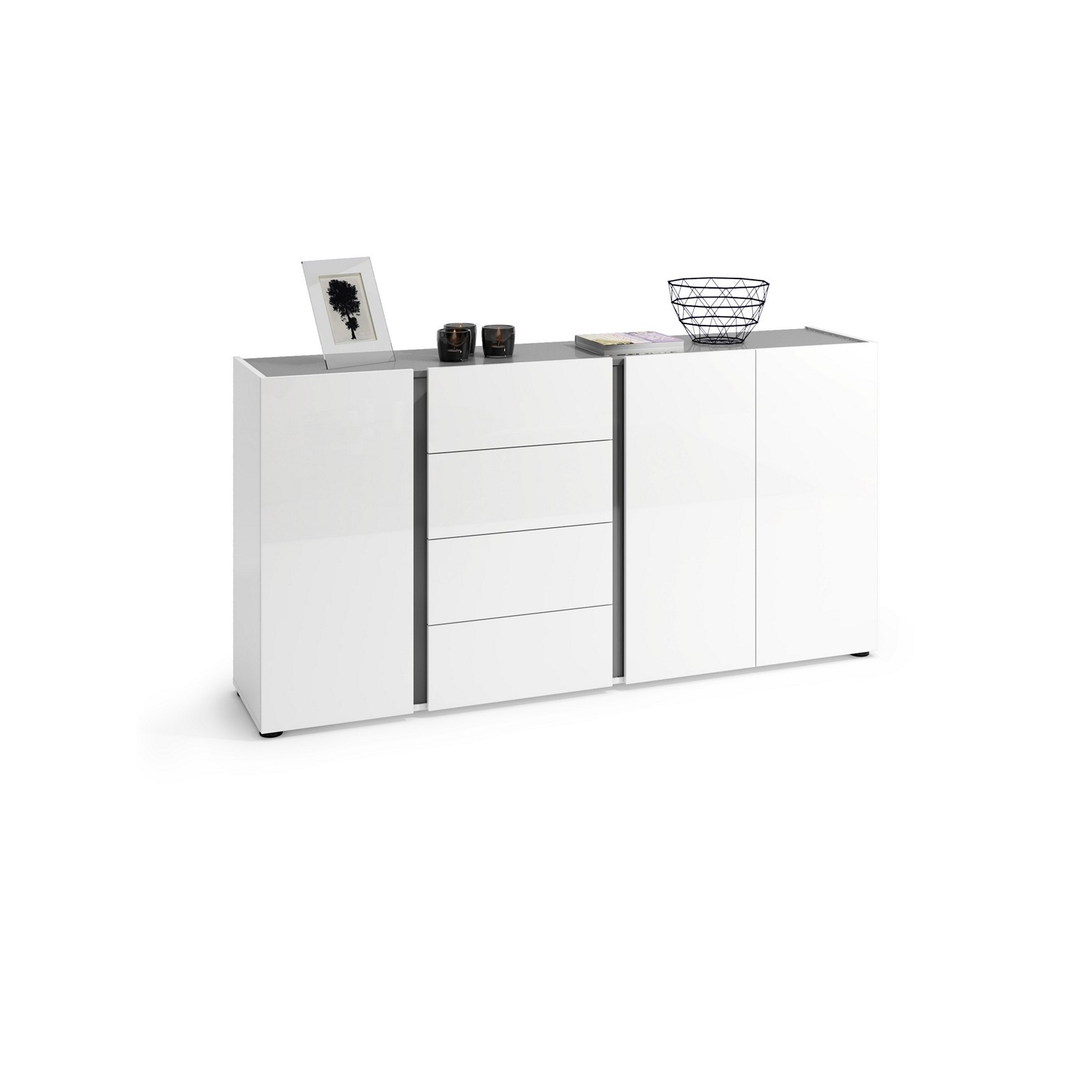 OTTAWA WHITE  Madia 3 ante 4 cassetti laccato colore Bianco lucido cm H92 L180 P38
