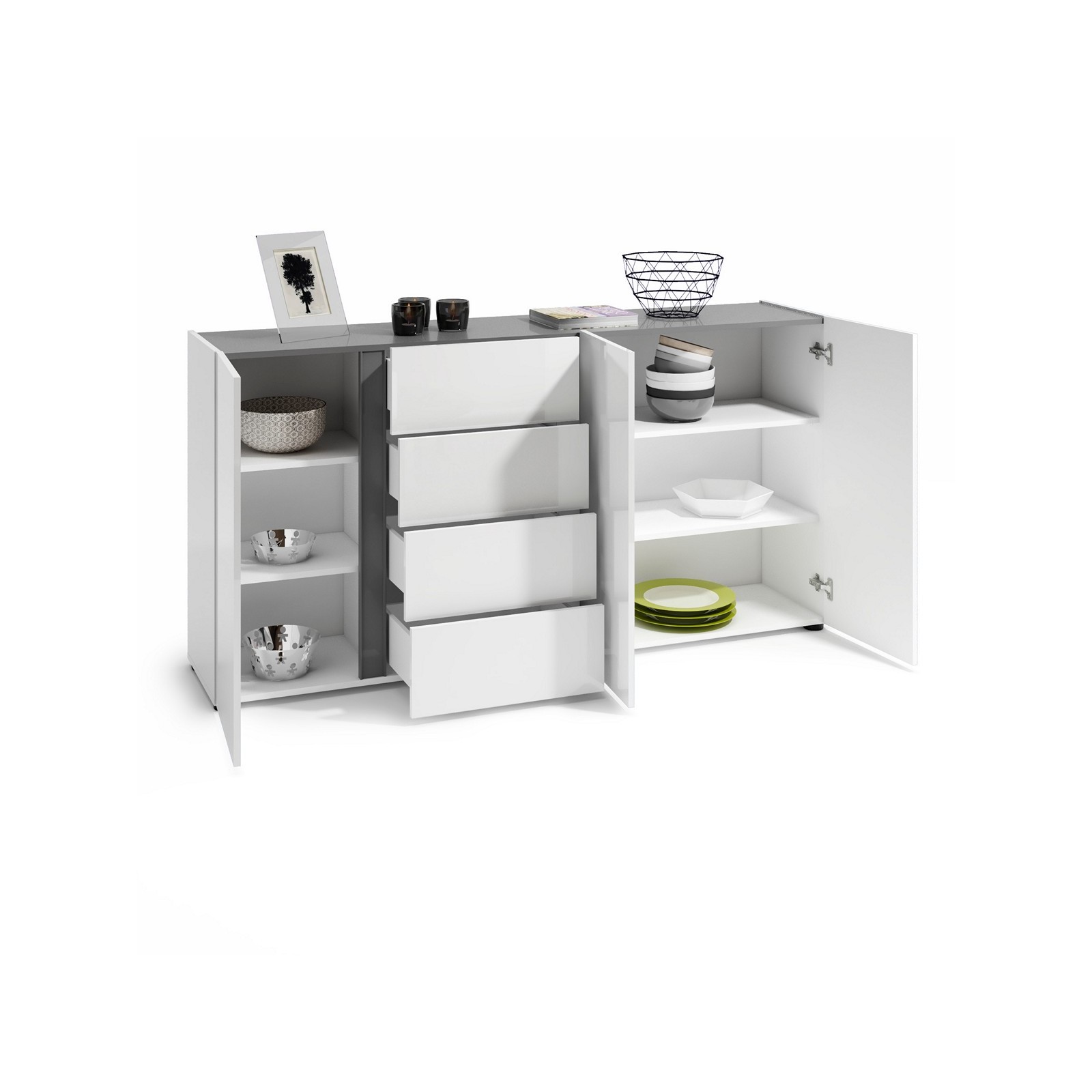 OTTAWA WHITE  Madia 3 ante 4 cassetti laccato colore Bianco lucido cm H92 L180 P38