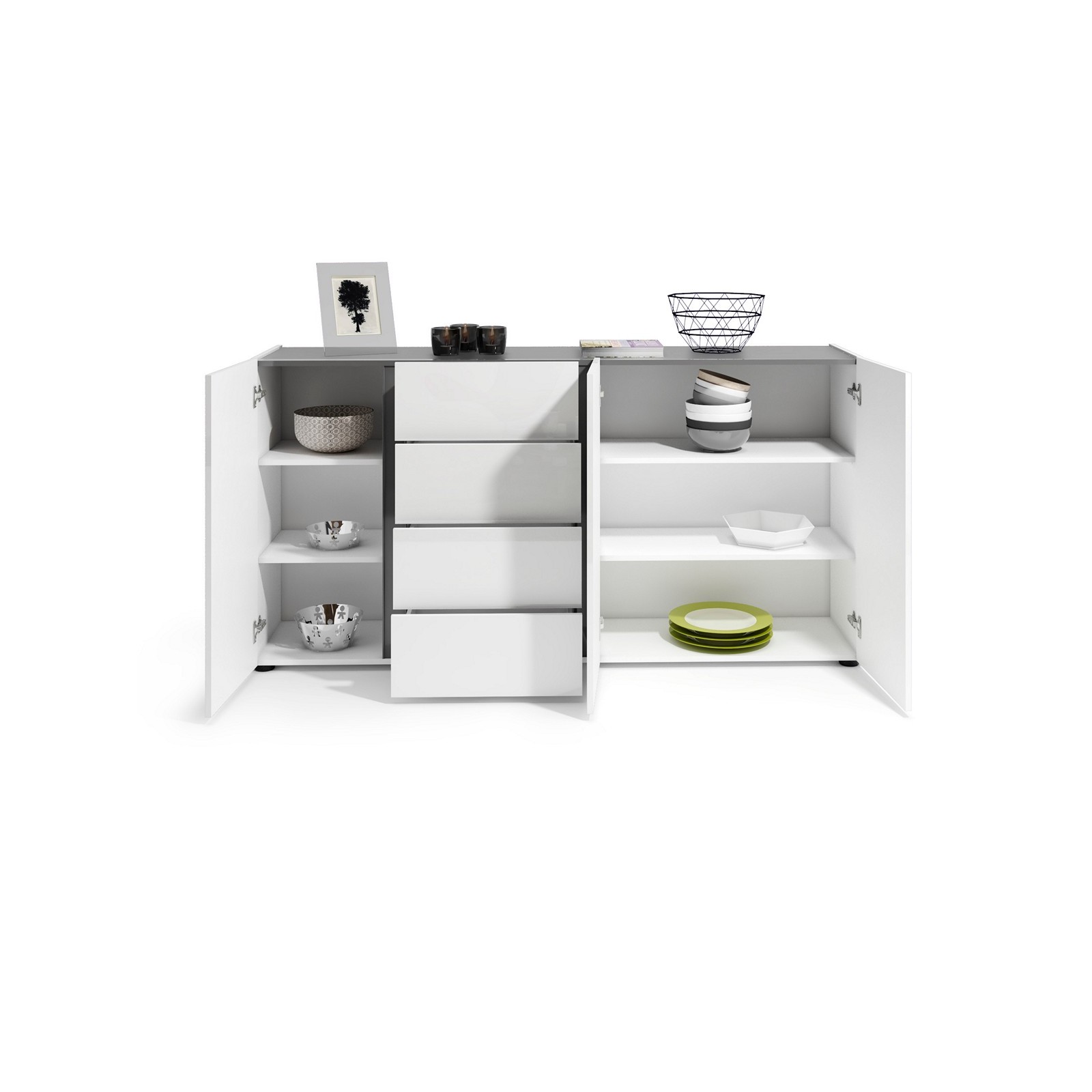 OTTAWA WHITE  Madia 3 ante 4 cassetti laccato colore Bianco lucido cm H92 L180 P38