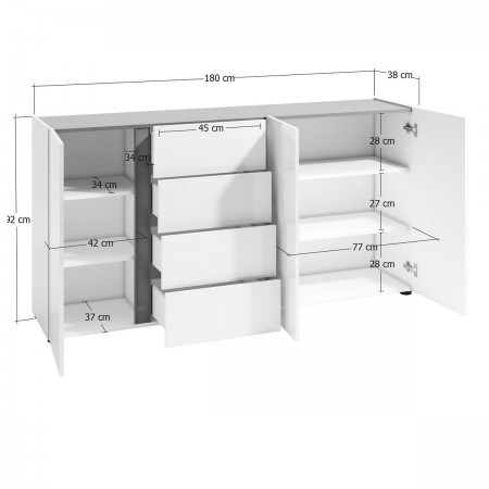 OTTAWA WHITE  Madia 3 ante 4 cassetti laccato colore Bianco lucido cm H92 L180 P38