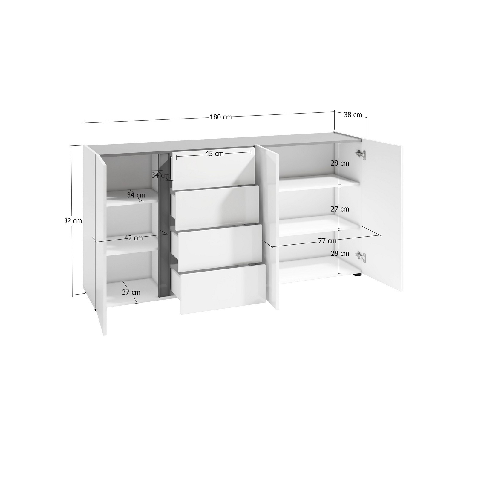 OTTAWA WHITE  Madia 3 ante 4 cassetti laccato colore Bianco lucido cm H92 L180 P38