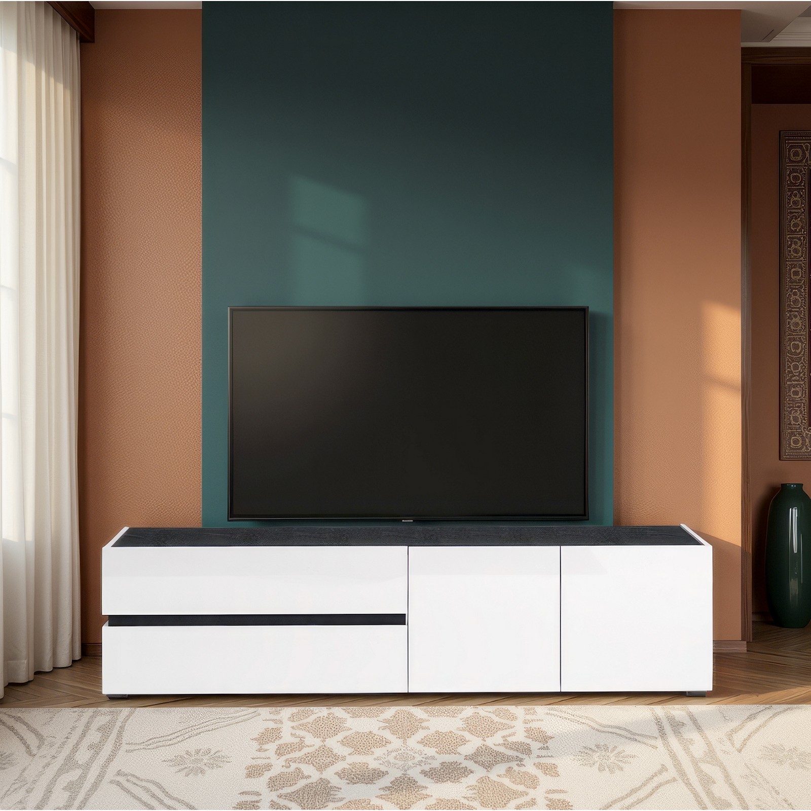 BARRY Porta TV 2 ante 2 cassetti laccato di colore Bianco lucido cm H47 L180,2 P42,6
