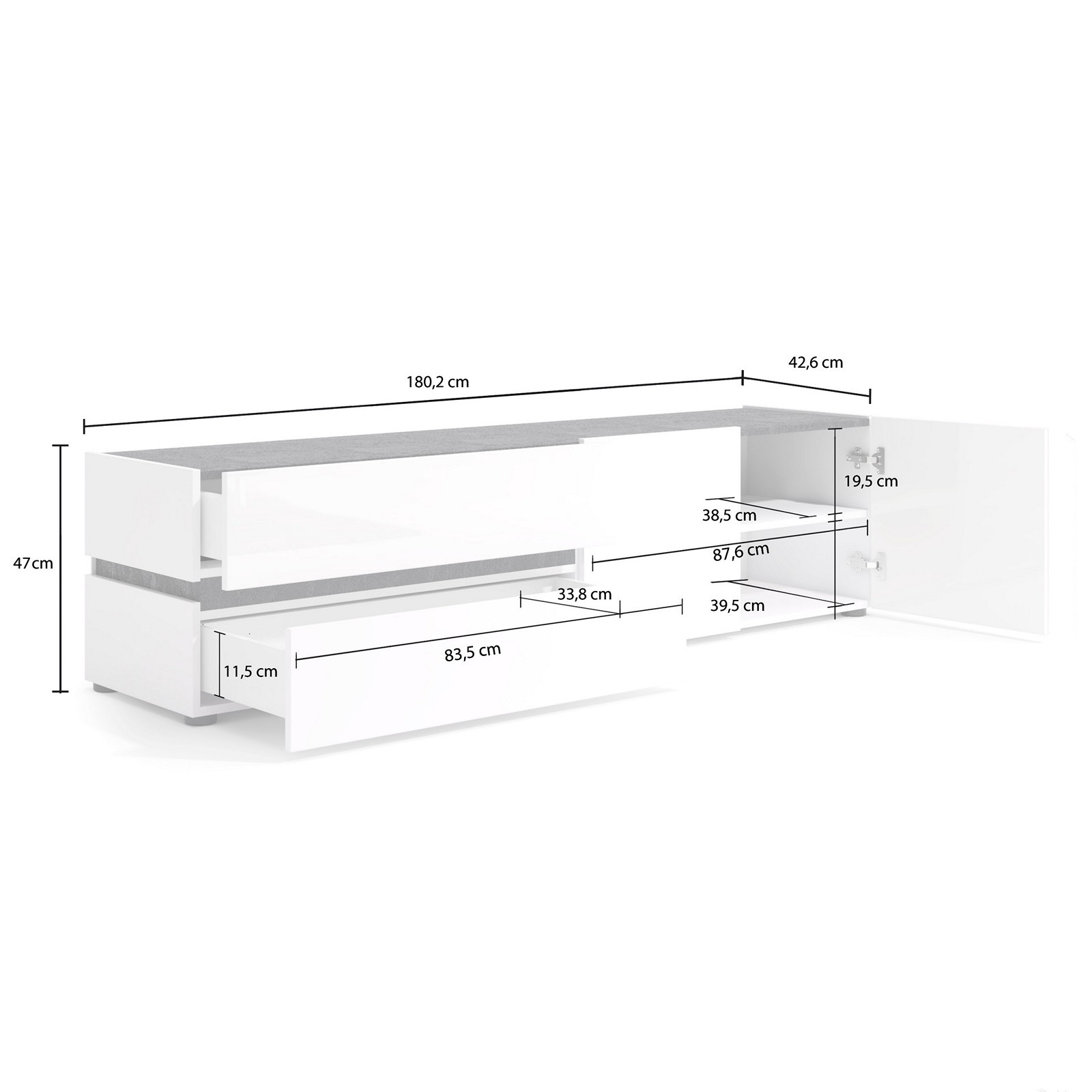 BARRY Porta TV 2 ante 2 cassetti laccato di colore Bianco lucido cm H47 L180,2 P42,6