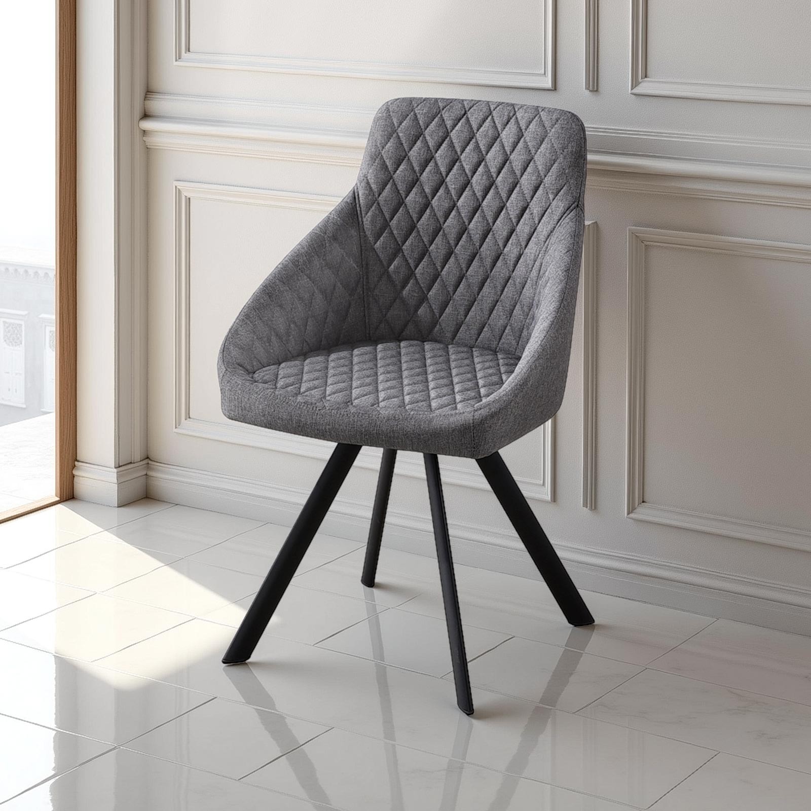 Sedia Imbottita Laiala Grey in pelle sintetica Grigia e metallo nero opaco, 55x55xh87 cm