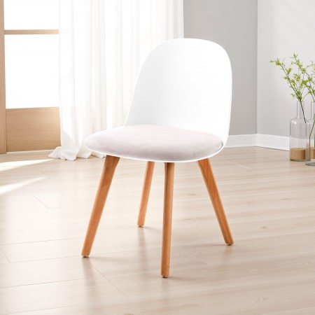 sedia ALIDA BIANCO LEGNO polipropilene Bianco opaco gambe legno massello finitura rovere seduta velluto Bianco Écru H78 L46 P52