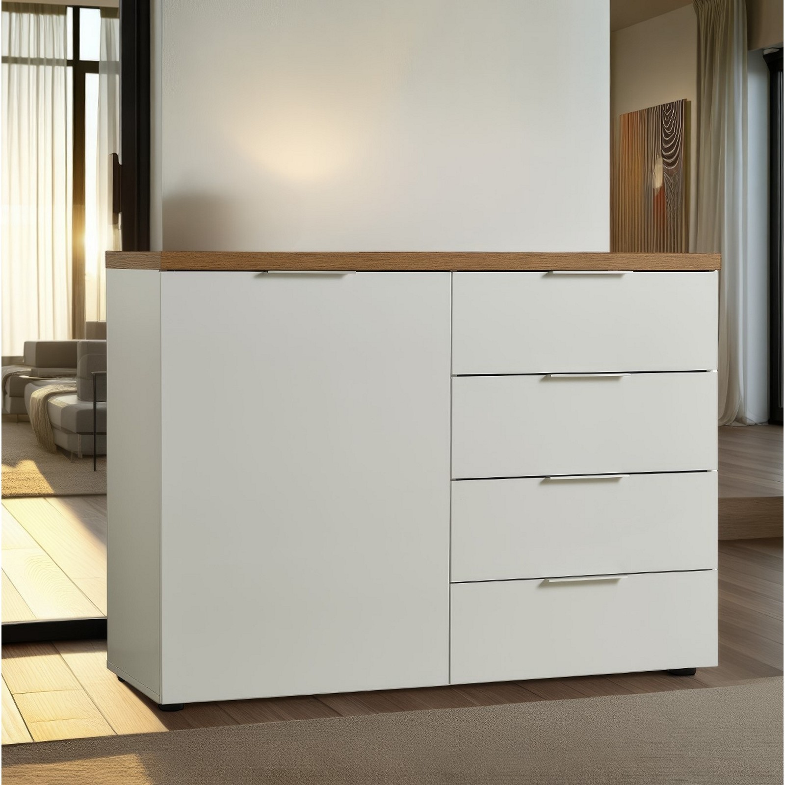 TORONTO WHITE Madia 1 ante 4 cassetti laccata Bianco lucido top finitura Rovere cm H89 L120 P43
