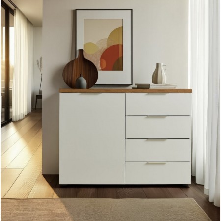 TORONTO WHITE Madia 1 ante 4 cassetti laccata Bianco lucido top finitura Rovere cm H89 L120 P43
