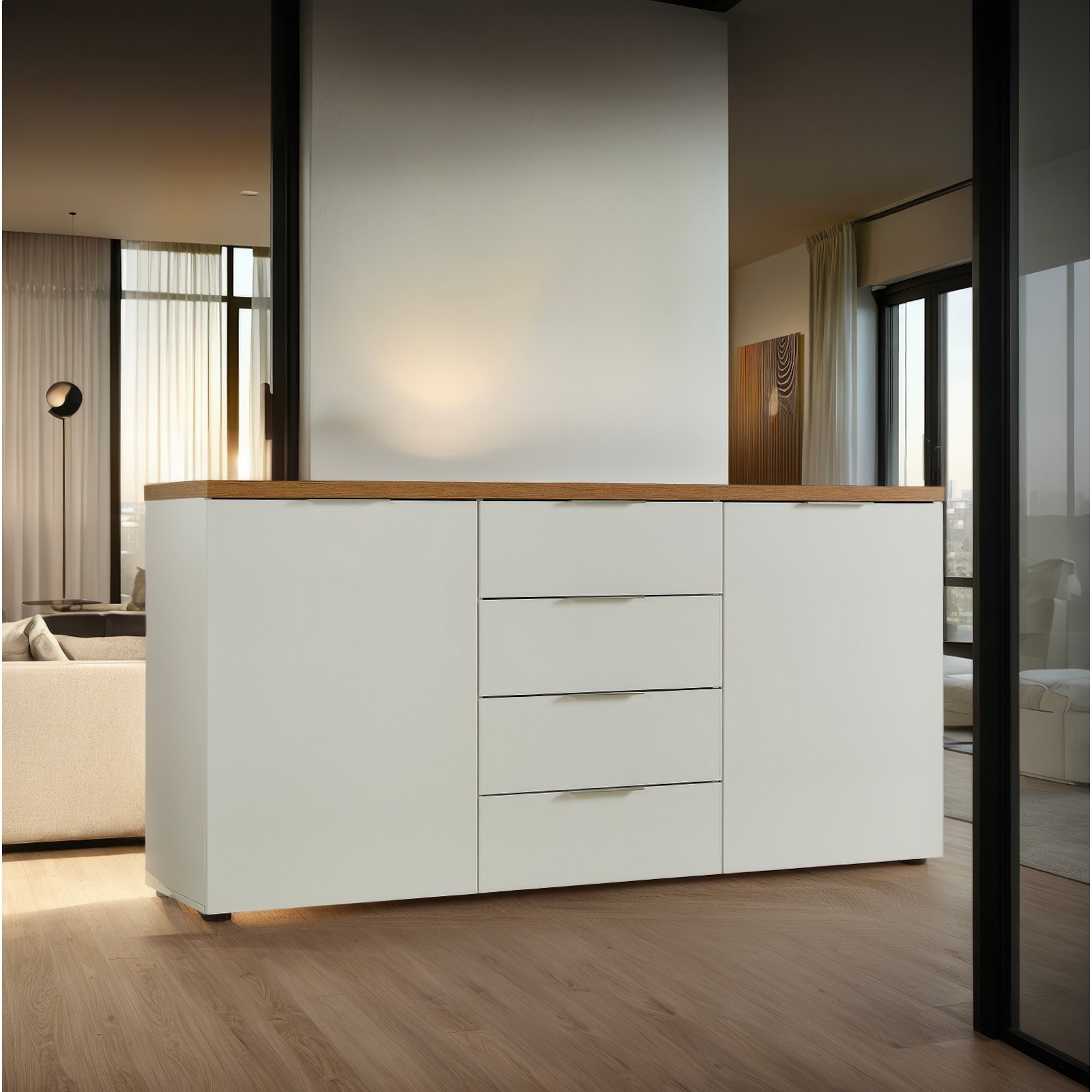 TORONTO WHITE Madia 2 ante 4 cassetti laccata Bianco lucido top finitura Rovere cm H89 L180 P43