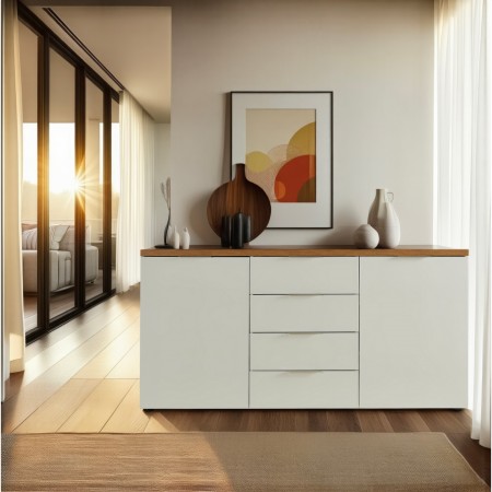 TORONTO WHITE Madia 2 ante 4 cassetti laccata Bianco lucido top finitura Rovere cm H89 L180 P43