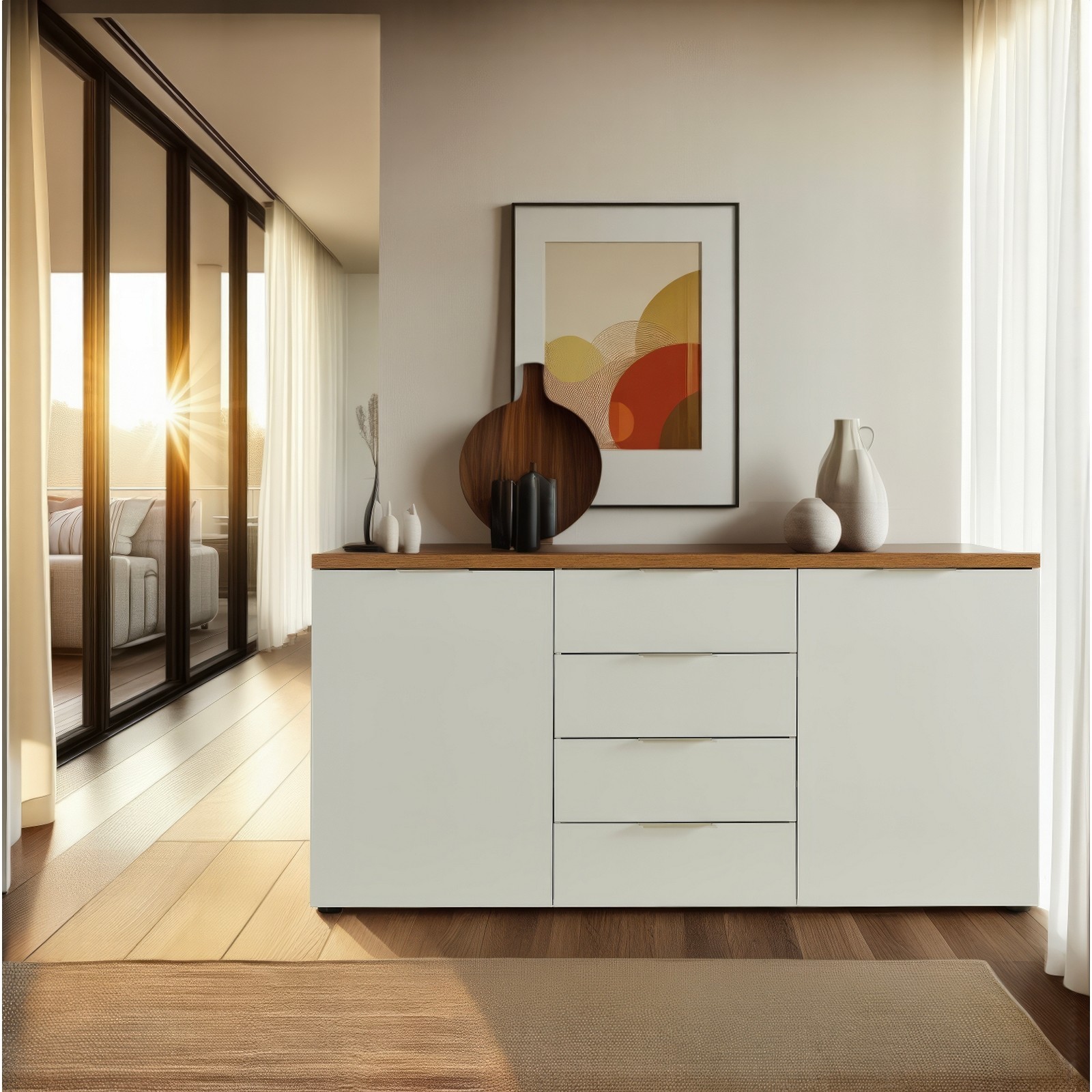 TORONTO WHITE Madia 2 ante 4 cassetti laccata Bianco lucido top finitura Rovere cm H89 L180 P43