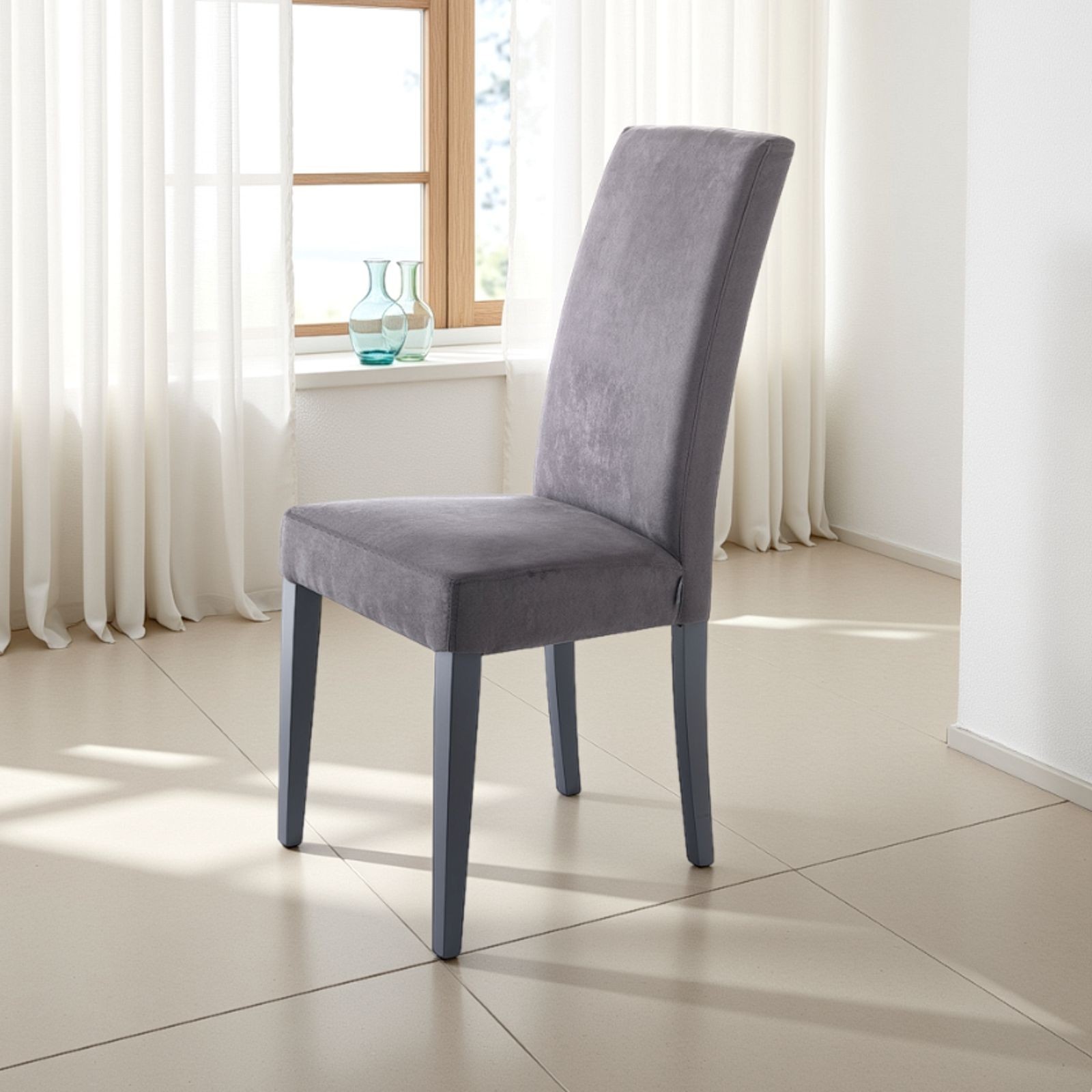 Set 2 sedie Xenia Grey in microfibra effetto velluto Grigia e legno laccato, 46x45xh100 cm