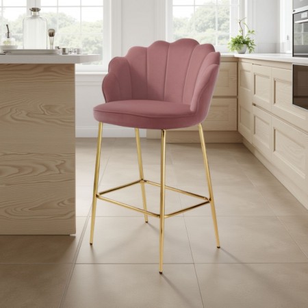 Sgabello Charlotte Pink in tessuto effetto velluto Rosa Cipria e metallo verniciato Oro lucido, 56x58xh101 cm