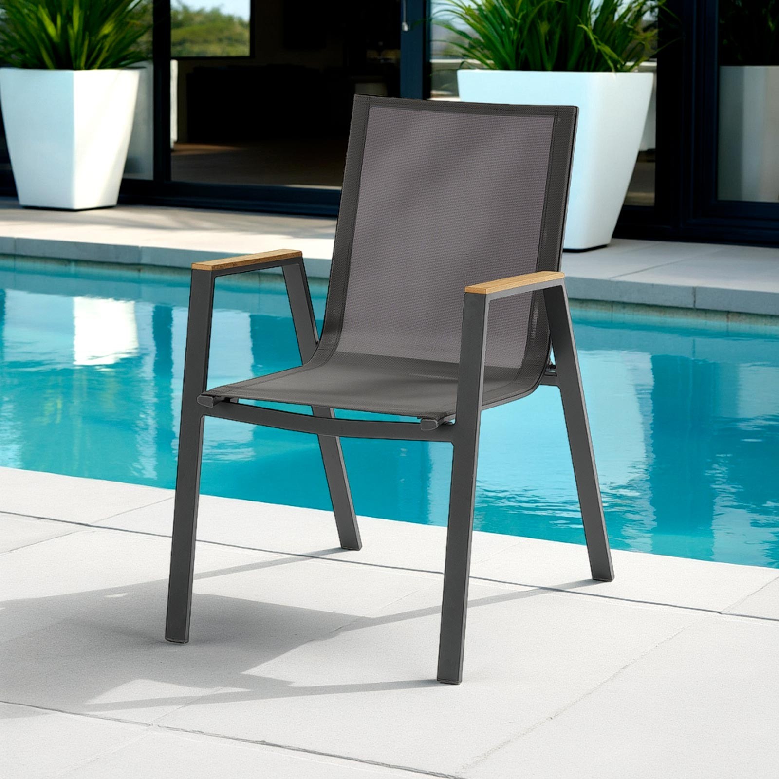 Sedia con Braccioli da Interno e Esterno Varadero in Alluminio Antracite Opaco e Tessuto Grigio