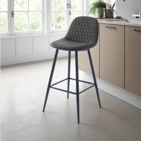 Sgabello Amelia Grey in tessuto effetto velluto Grigio invecchiato e pelle sintetica Nera, metallo Nero opaco, 42x50xh100 cm