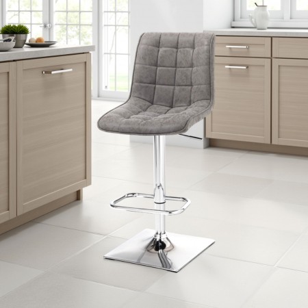 Sgabello Regolabile Bar Sophie in pelle sintetica effetto invecchiato Grigio e metallo Cromato, 46x54xh98-118 cm