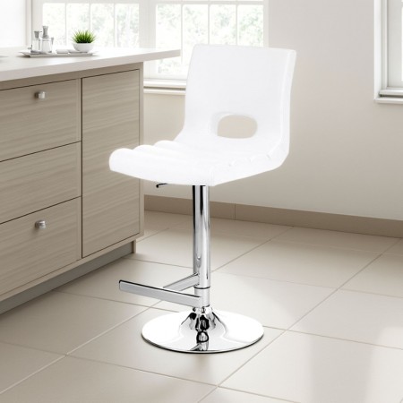 Sgabello Regolabile Nora in Pelle Sintetica Bianca e Metallo Cromato, 40x53xh95-115 cm