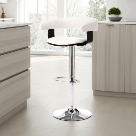 Sgabello Regolabile Ginevra Pelle Sintetica Bianco e Metallo Cromato, 54x46xh82-102 cm
