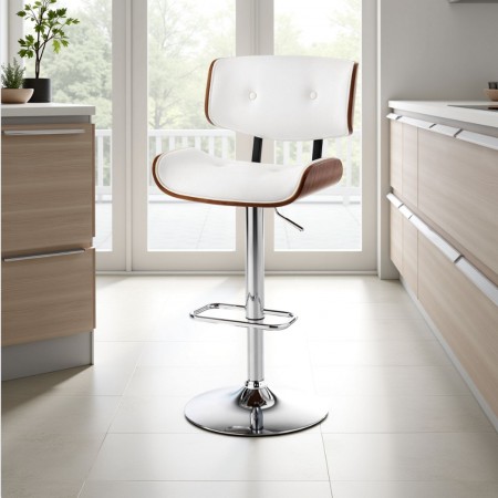 Sgabello Regolabile Patricia in pelle sintetica Bianca e finitura Noce, base in metallo cromato, 51x55xh95-115 cm