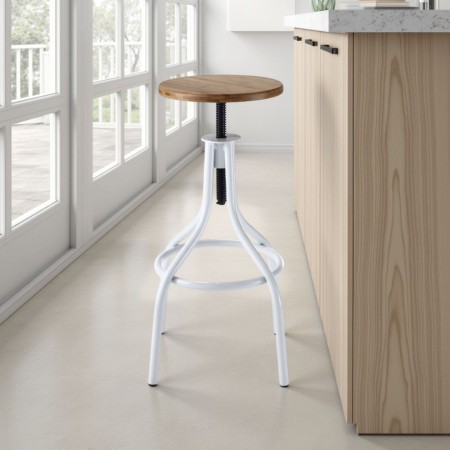 Sgabello Regolabile a Vite Penny legno finitura Rovere e metallo Bianco Lucido, 45x45xh63-83 cm