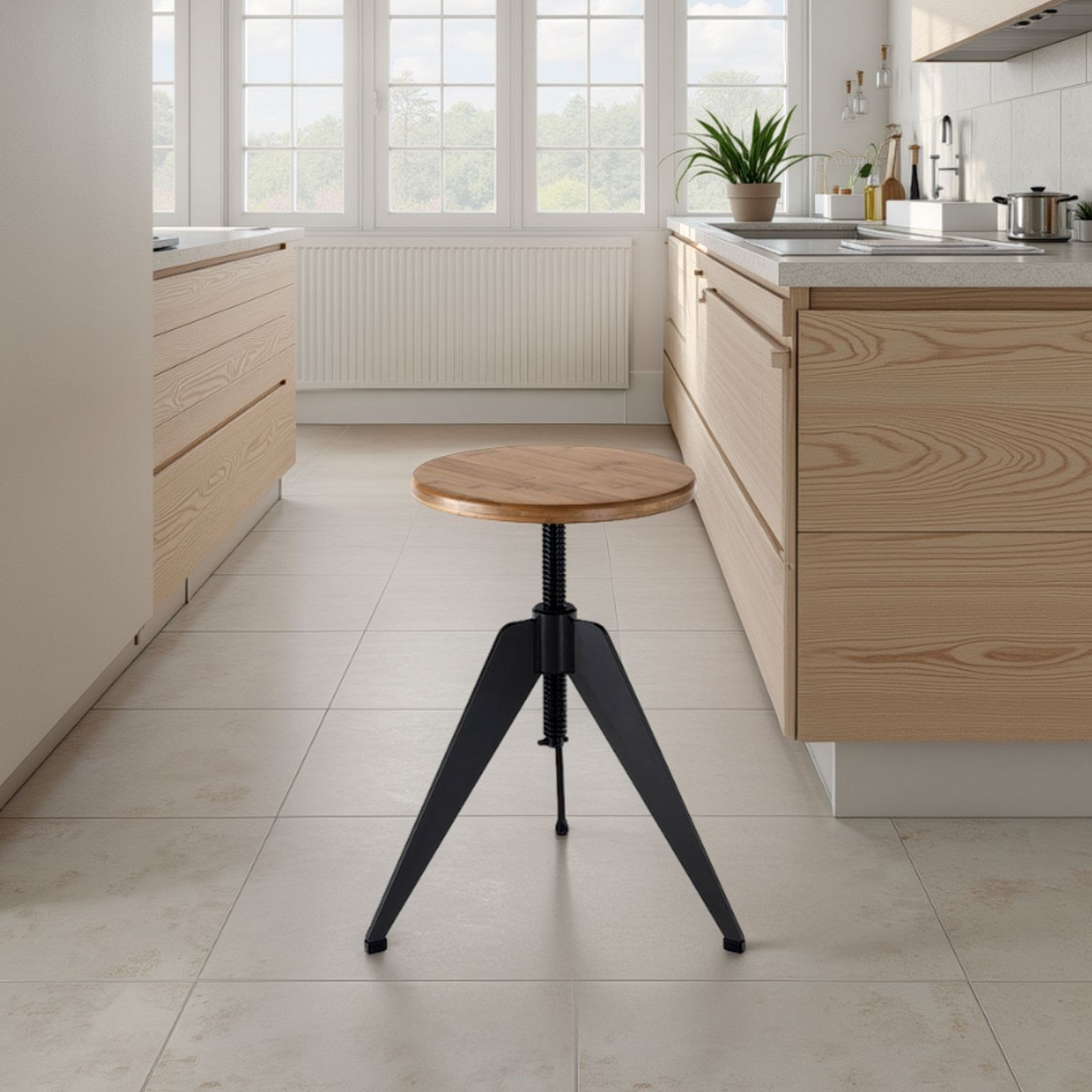 Sgabello Regolabile a vite Paige in Legno finitura Rovere e metallo Grigio Opaco, 38x38xh40-60 cm