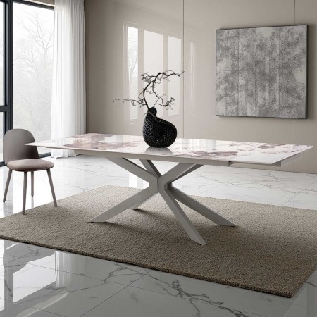 Tavolo allungabile ELMO EVO PLATINO MARMO ONICE base acciaio Platino opaco piano ceramica Marmo Onice H74,5 P90 L160-200-220