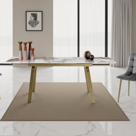 Tavolo allungabile MEO ORO basamento Champagne Oro  opaco piano ceramica finitura marmo Onice lucido H76,5 P81,5 L140/170/200