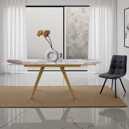 Tavolo allungabile BERTHA  MARMO ONICE - ORO base Oro opaco piano ceramica finitura Marmo Onice lucido cm H75 P81 L140/200