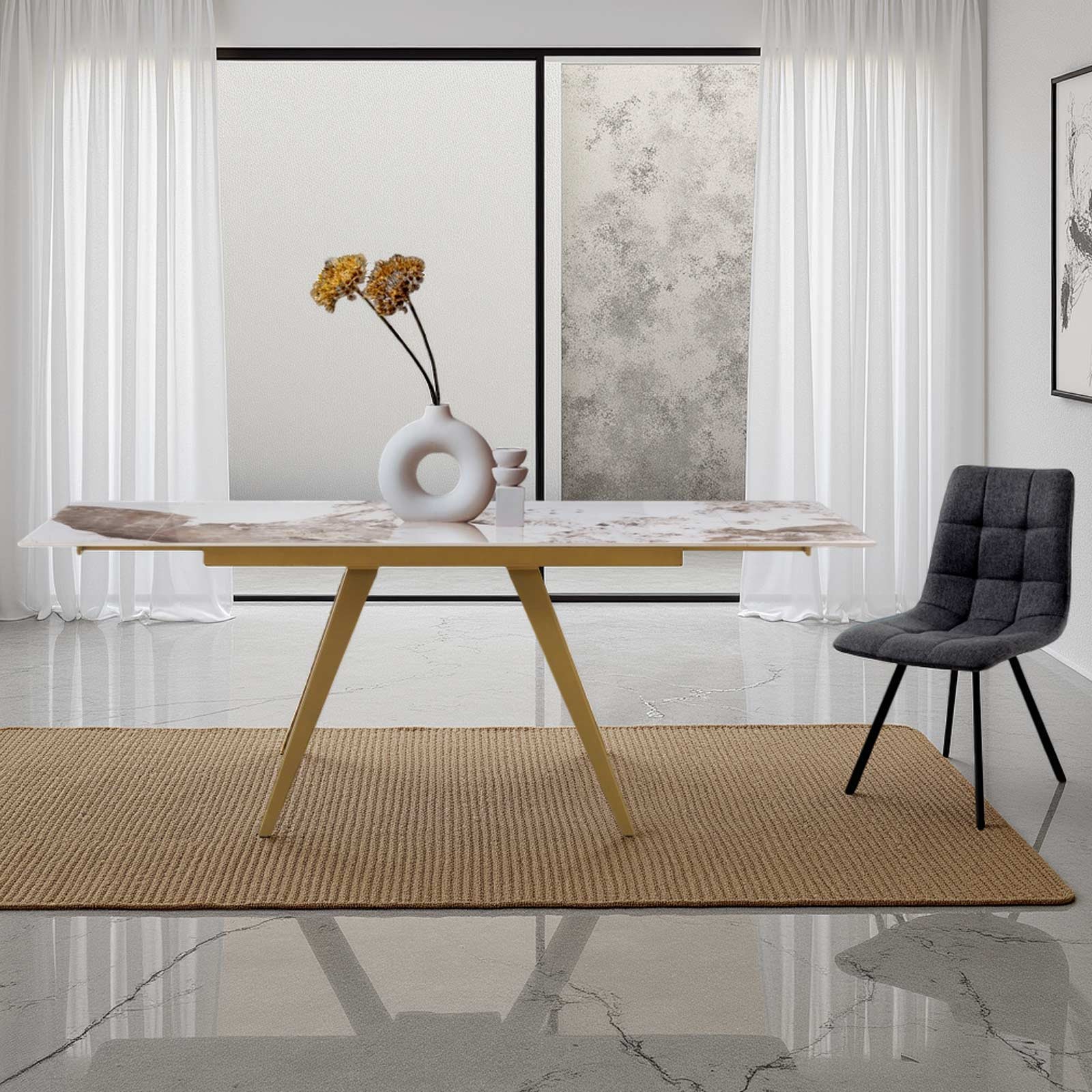 Tavolo allungabile BERTHA  MARMO ONICE - ORO base Oro opaco piano ceramica finitura Marmo Onice lucido cm H75 P81 L140/200