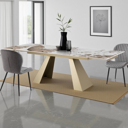 Tavolo allungabile JANNI ORO basamento Champagne Oro  opaco piano ceramica finitura marmo Onice lucido cm H76 P90 L.160/200/240