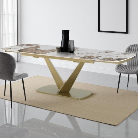 Tavolo allungabile AROLD ORO basamento Champagne Oro opaco piano ceramica finitura marmo Onice lucido H75,5 P89 L.160/200/240
