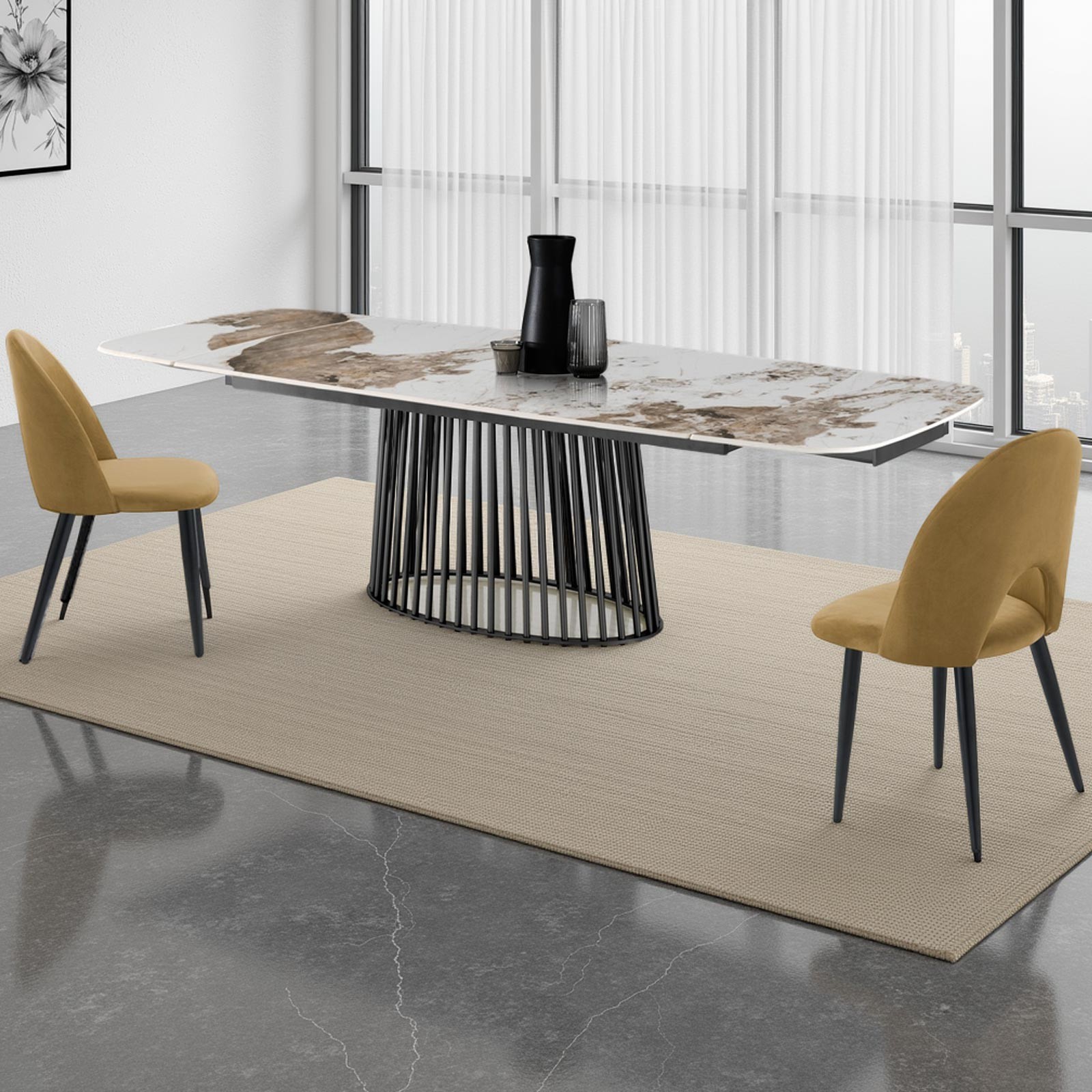 Tavolo allungabile BALDON GRIGIO basamento Grigio opaco piano ceramica finitura marmo Onice lucido H75,5 P89 L180/220/260