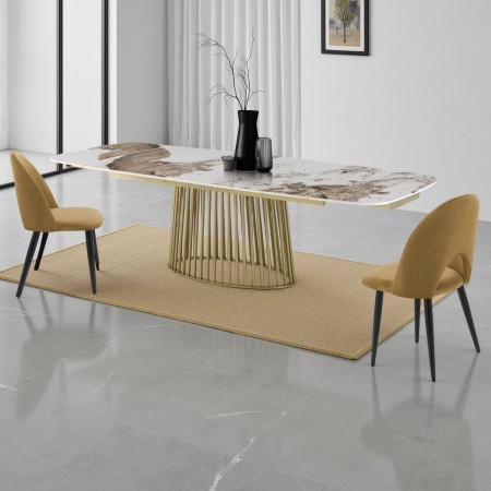Tavolo allungabile BALDON ORO basamento Champagne Oro  opaco piano ceramica finitura marmo Onice lucido H75,5 P89 L180/220/260