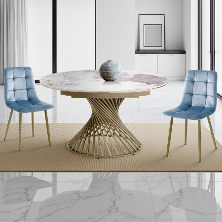 Tavolo allungabile CICLON ORO basamento Champagne Oro opaco piano ceramica marmo Onice lucido H75 Ø.120 chiuso  P120xL180 aperto